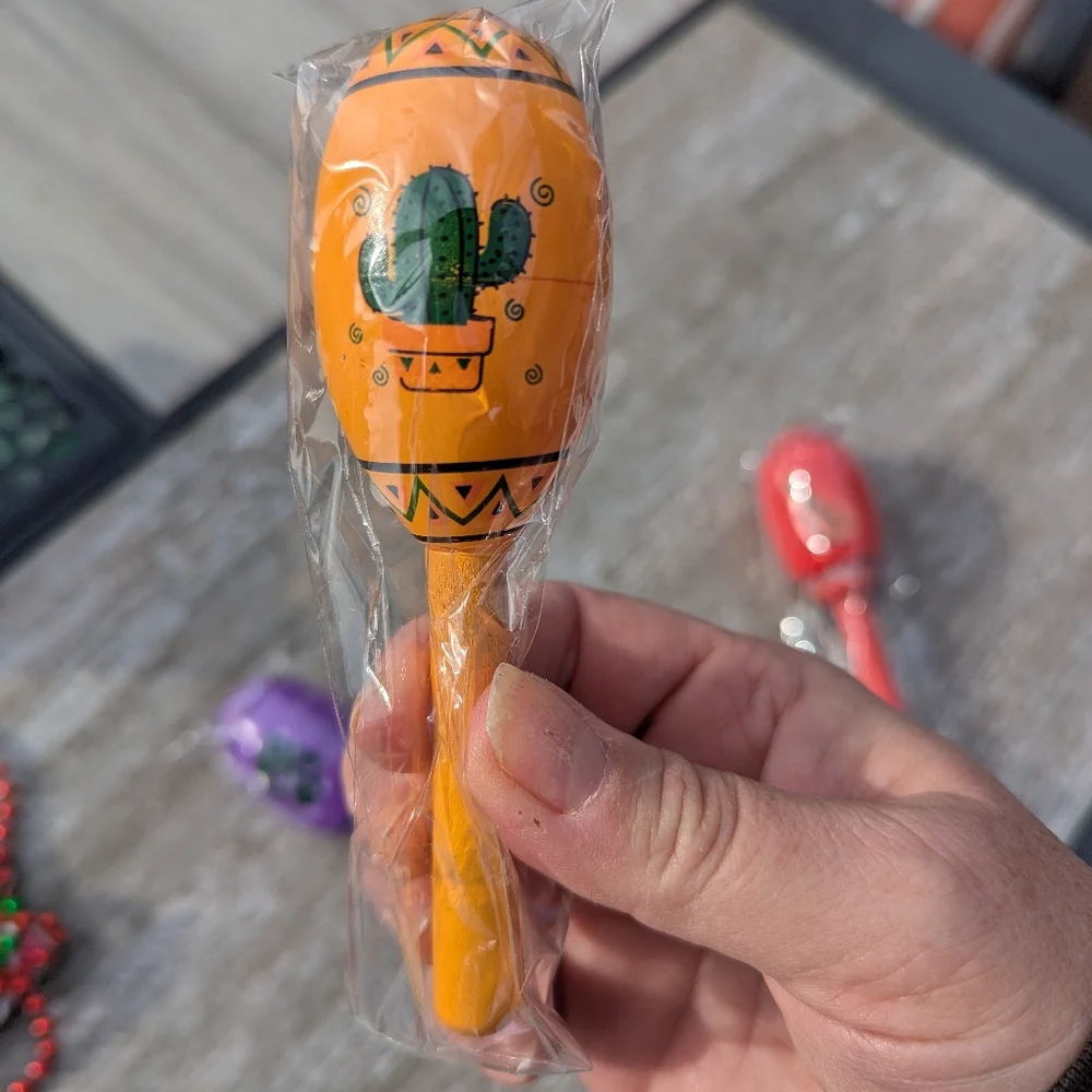 Maraca's Set Of 3. Wooden. Mini. One Red, One Orange & One Purple. Ind. Packaged